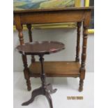 A mid 20th century oak two tier side table together with a reproduction wine table