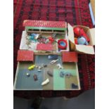 A model toy farm/zoo with various wildlife animals, and various pots and pans