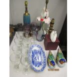 Ceramics and glassware to include three lamps, a set of coloured glasses and matching decanter,