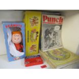 A mixed lot to include a boxed Pelham puppet, a Peanuts Pelham puppet, Kan-u-Go card game and a