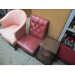 Mixed chairs and stools to include a blue dralon chair, tub chair, leather gout stool, red leather