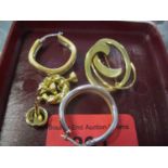 A pair of 18ct white and yellow gold hoop earrings, and an 18ct gold necklace clasp, total weight