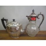A cut glass and silver plated claret jug, together with a silver plated teapot