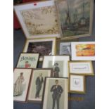 Four Vanity Fair prints, a J R Broughall oil on board of a harbour scene dated 1968, and other