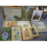 Mixed oils on canvas A/F, a painted tiled plaque of a fish, a gilt frame, a watercolour and a