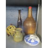 Studio pottery, a Mdina glass vase and a blue and white lidded segmented dish