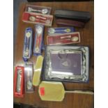 A mixed lot to include boxed spoons, silver dressing table items, rolled gold pen and other items