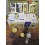 Three gents wristwatches to include a Seiko Actus, together with a collection of cigarette cards