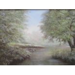 Douglas Chaffey - A Quiet Place River Frome Dorset, ducks in a river landscape, acrylic on canvas,