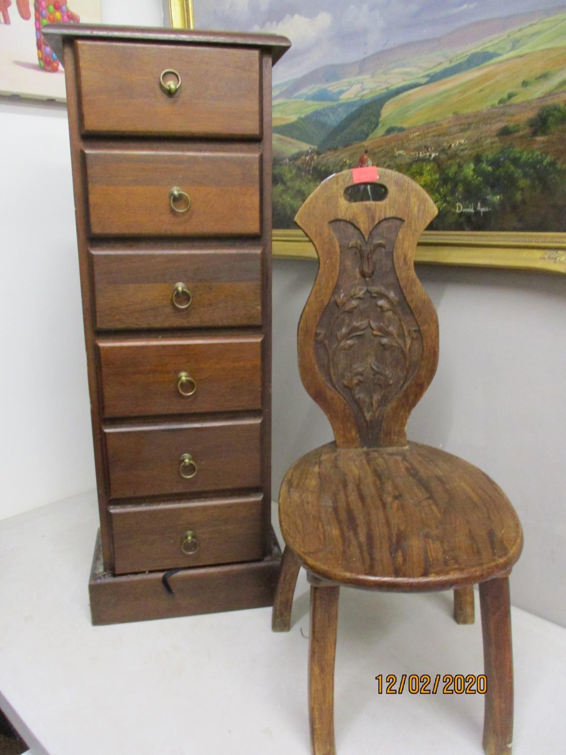 A modern chest of six drawers, 37" x 14" x 9" and a provincial Welsh spinning chair with four legs