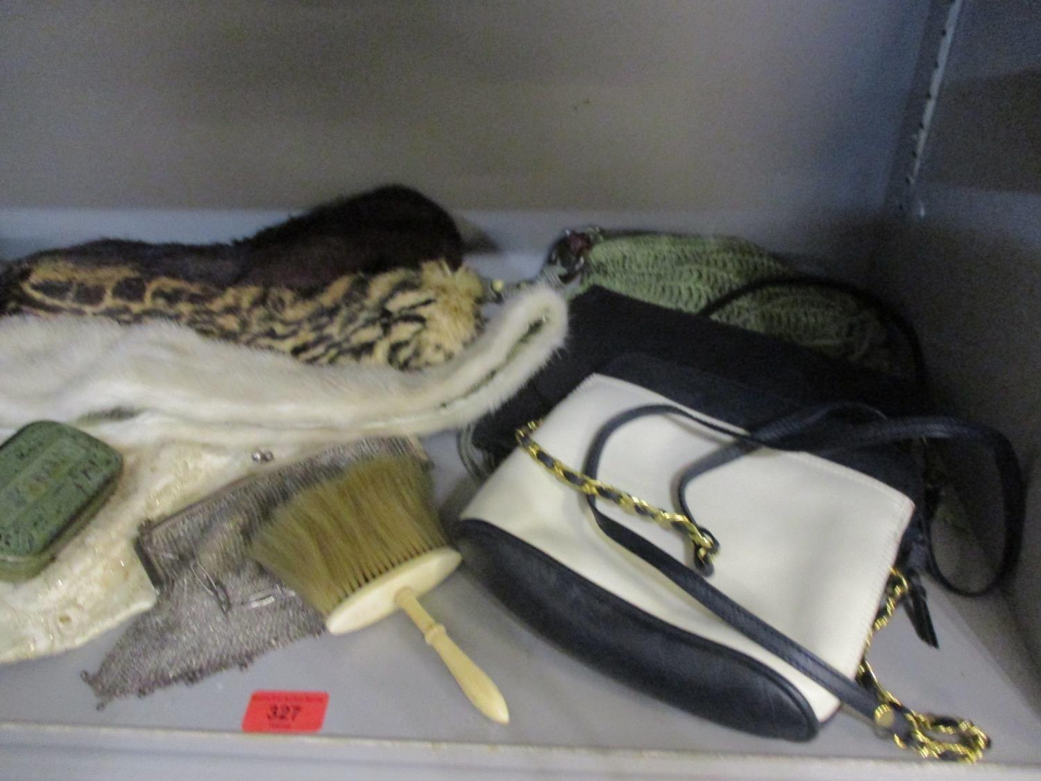 A white metal chain evening bag, mixed vintage bags and vanity items, ladies gloves, fur collars and - Image 2 of 4