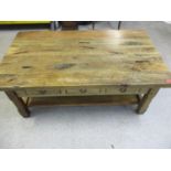 A hardwood coffee table having three small drawers and a shelf below