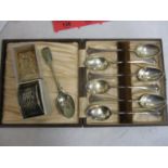 A set of six Edwardian silver teaspoons, a silver plated teaspoon and a napkin ring