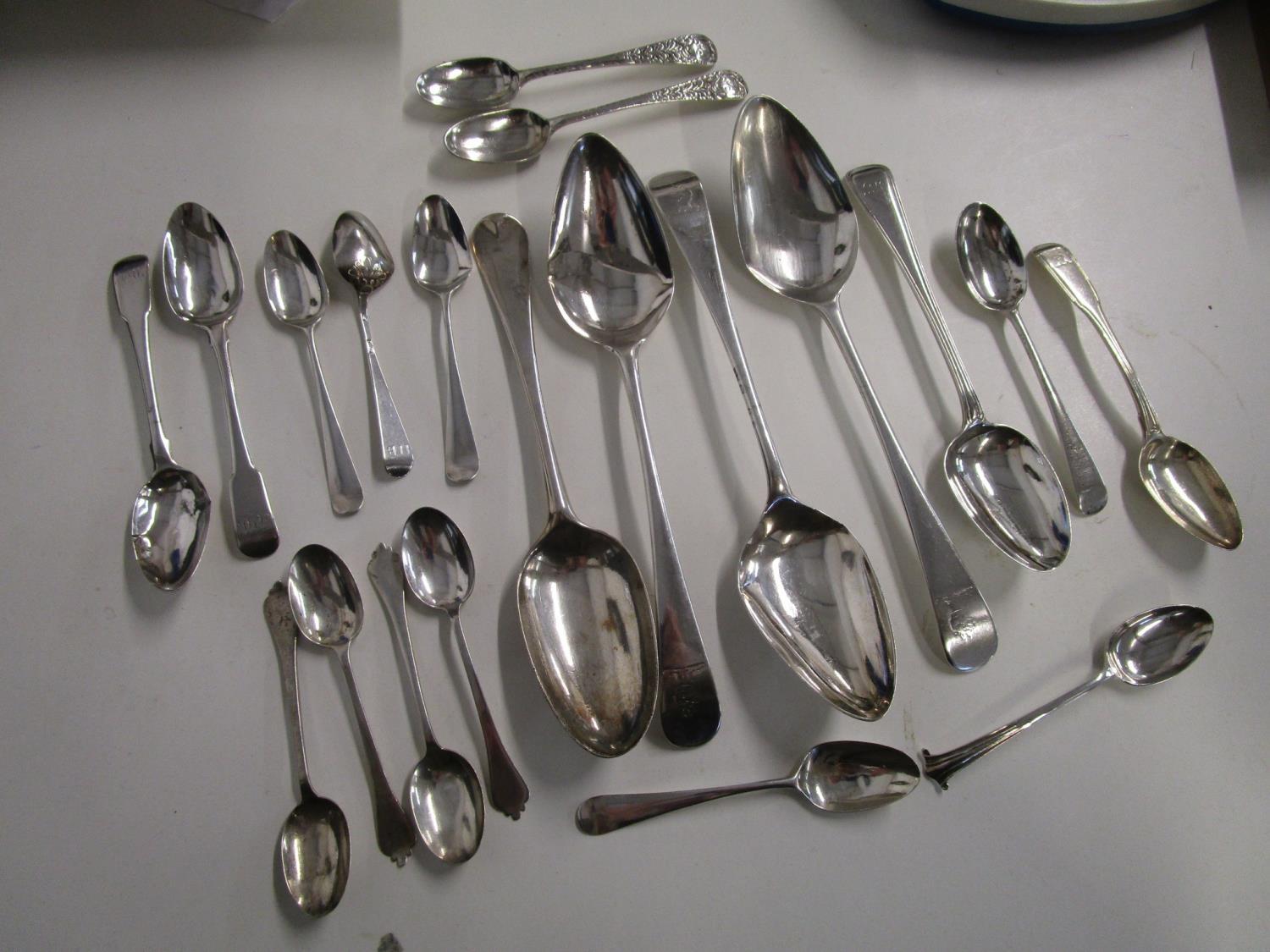 A quantity of Georgian and later silver spoons, various makers and dates, total weight 456.6g