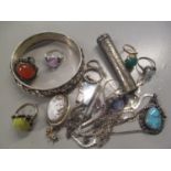 Silver jewellery to include a floral bangle, possibly Scandinavian, gold, silver and other rings and