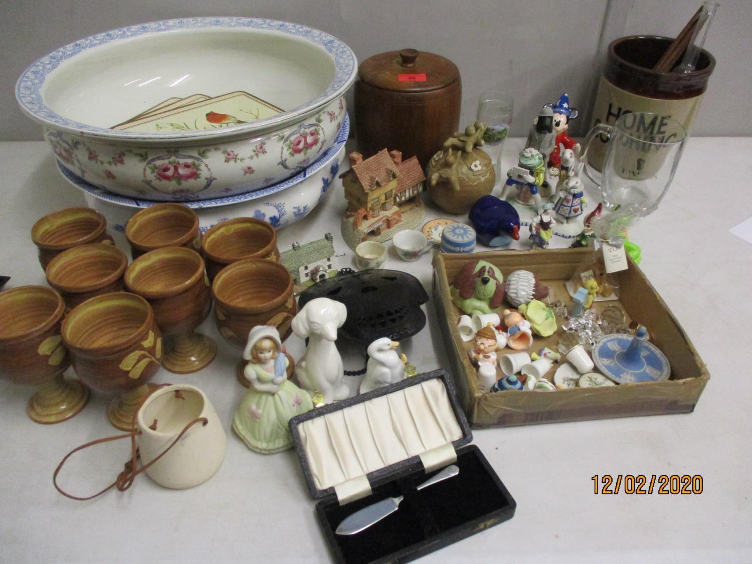 Two early 20th century washbowls, mixed household items to include ornaments, pottery wine