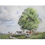 John Dennison - 'A Summer Afternoon', cattle by a stream with houses beyond, watercolour signed