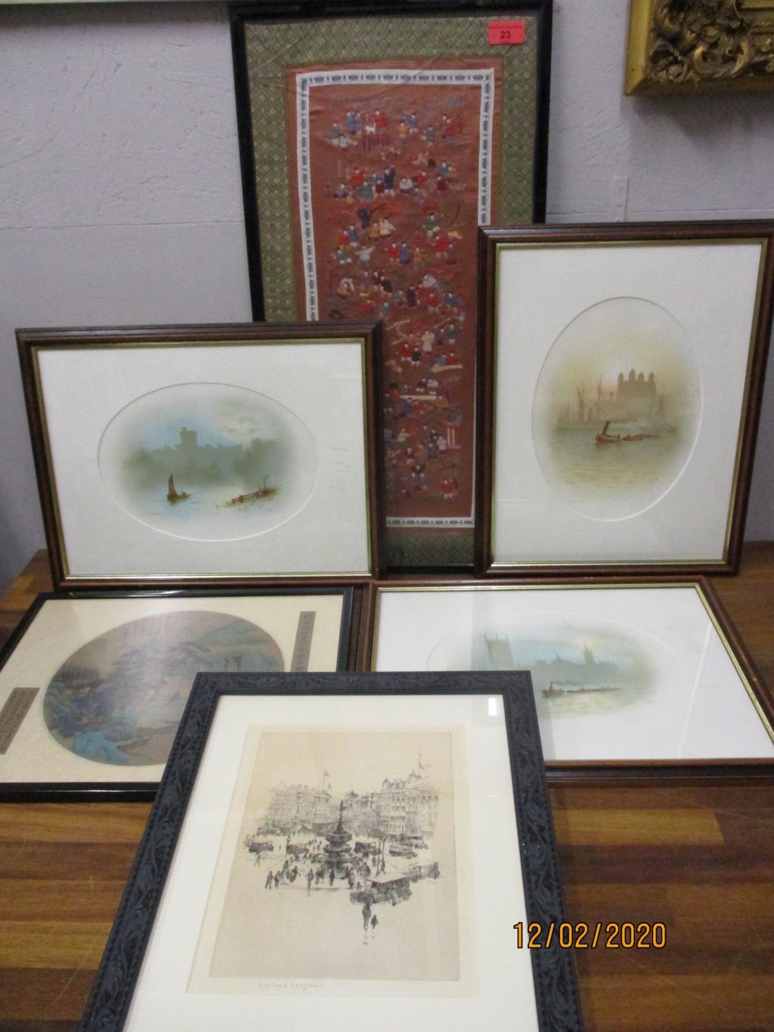 Three early 20th century French lithographs, a framed oriental embroidered panel and other pictures