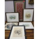Three early 20th century French lithographs, a framed oriental embroidered panel and other pictures