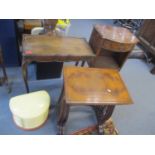 A mixed lot to include a sausage and pea moulded side table, a single drawer inset bedside table,
