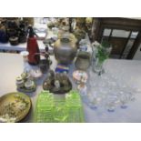 A mixed lot of household items to include Bohemian glass and glassware, metalware pots, model