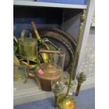 An early 20th century brass oil lamp with two shades and mixed metalware to include a copper kettle
