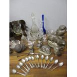 Mixed glassware, a pipe stand, Poole models of animals and a quantity of silver plate