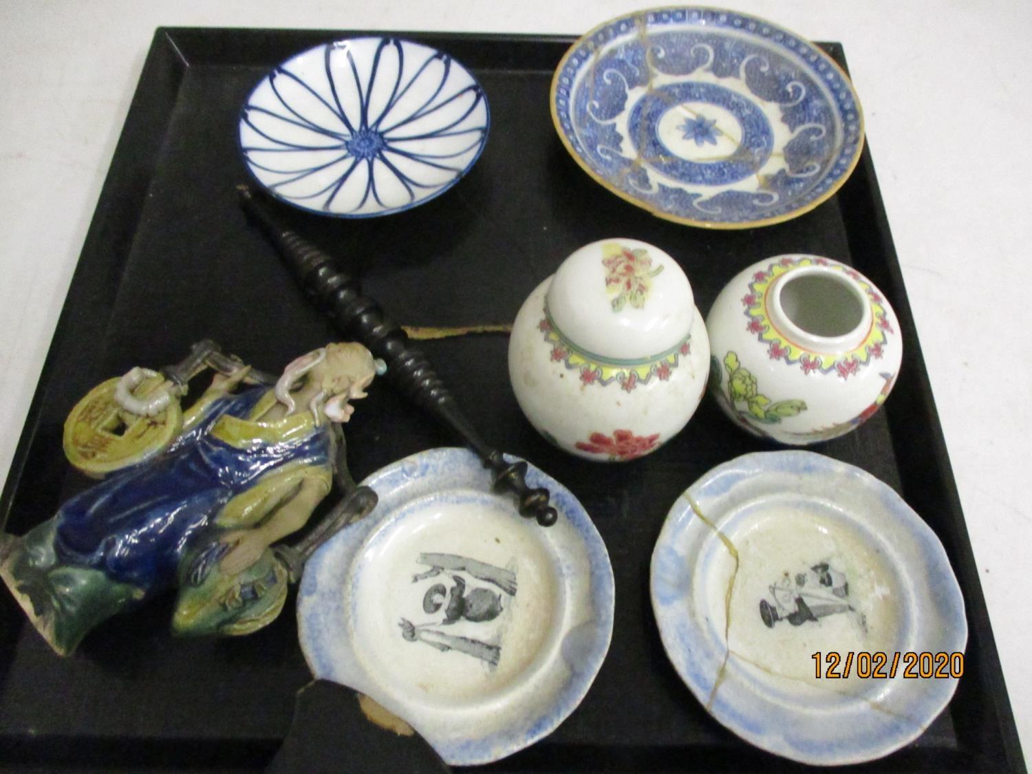 Two early 20th century washbowls, mixed household items to include ornaments, pottery wine - Image 3 of 3