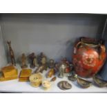 A mixed lot to include a large china pot A/F, wooden and resin figures of animals and people,