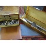 A vintage chest containing engineering tools and a vintage height gauge in box