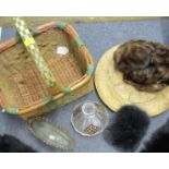 A vintage fur deerstalker hat A/F, mixed fur items and a basket, together with a treen carved