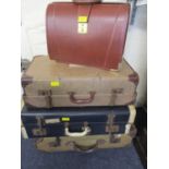 Three vintage suitcases together with a late 20th century English brown leather briefcase