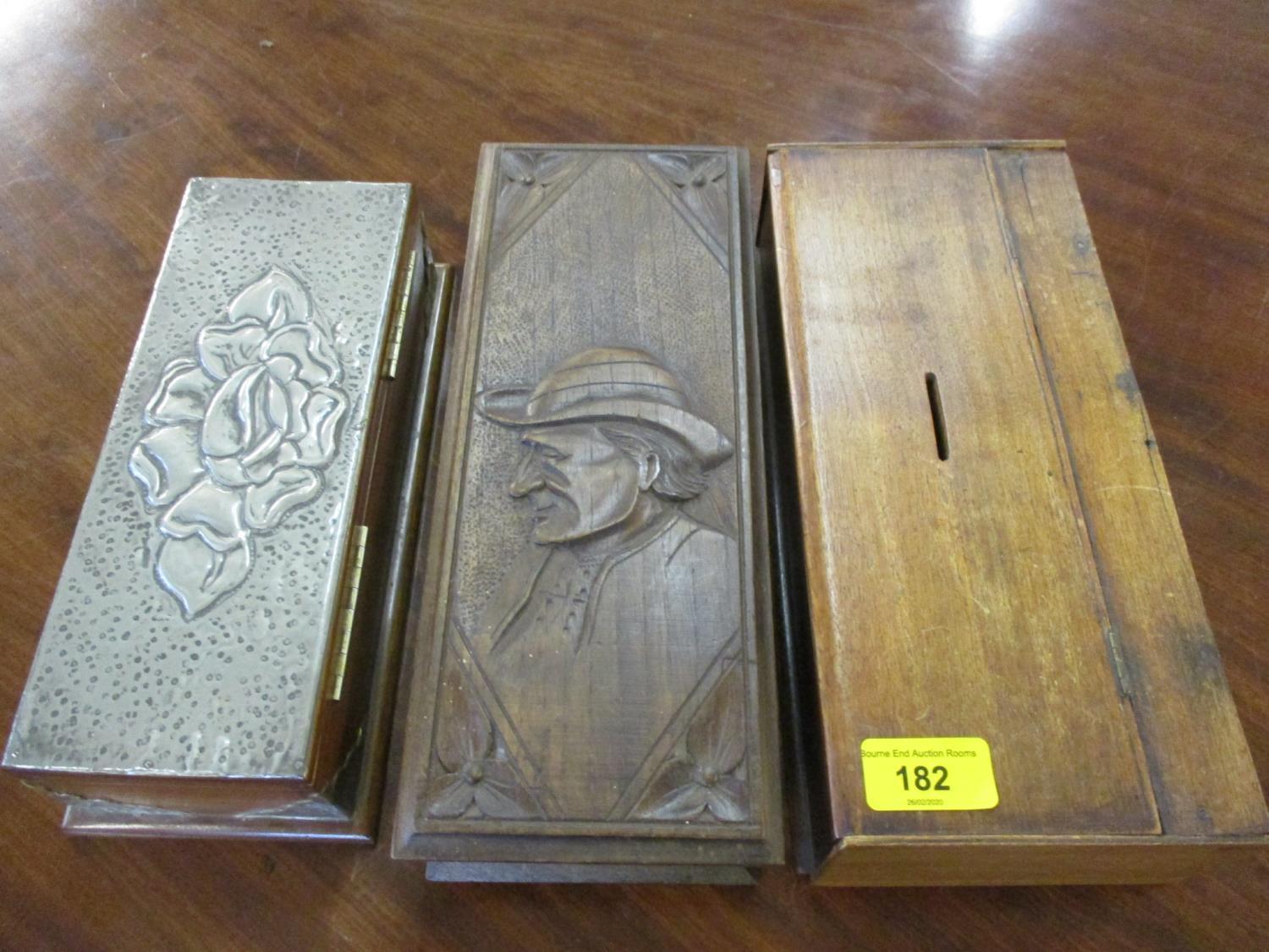 A vintage church collection box, a cigarette box and a carved treen box