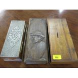 A vintage church collection box, a cigarette box and a carved treen box