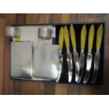 Two silver cigarette cases, two napkin rings and a cased set of six knives