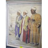 A 1946 watercolour of an Arabic scene with three men in the foreground, signed indistinctly to the