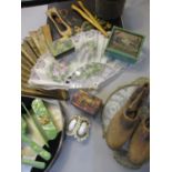 Early 20th century ladies vanity items, fans, 19th century treen shoe stays and other items to