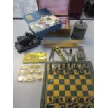 Two vintage nutcrackers, Wills Players cigarette cards, a complete chess set, a coal figural