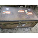 A vintage trunk with travelling stickers including Cunard A/F