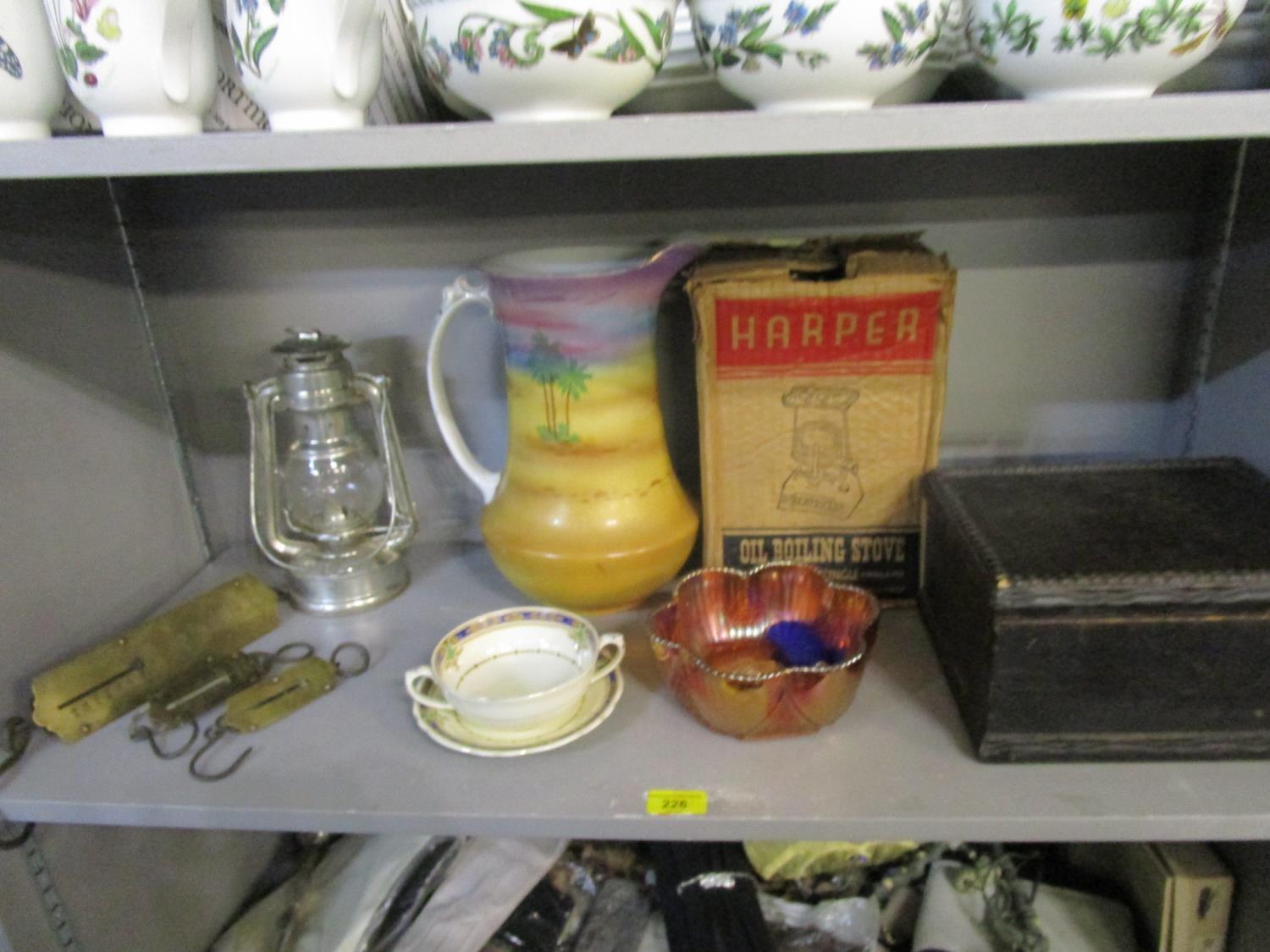 A mixed lot including Salters balance scales, tilly lamp, boxed oil boiling stove and other items