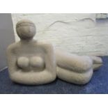 R Ha** - a 1960s carved stone figure of a reclining woman, signed to base, 11 6/8"h, 20" long approx