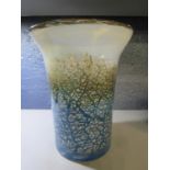 A signed contemporary art glass tumbler vase, slightly flared rim with applied top rim, milk white