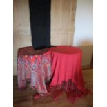 A red silk gypsy shawl A/F, a black opera shawl with tassels and a handmade red brocade