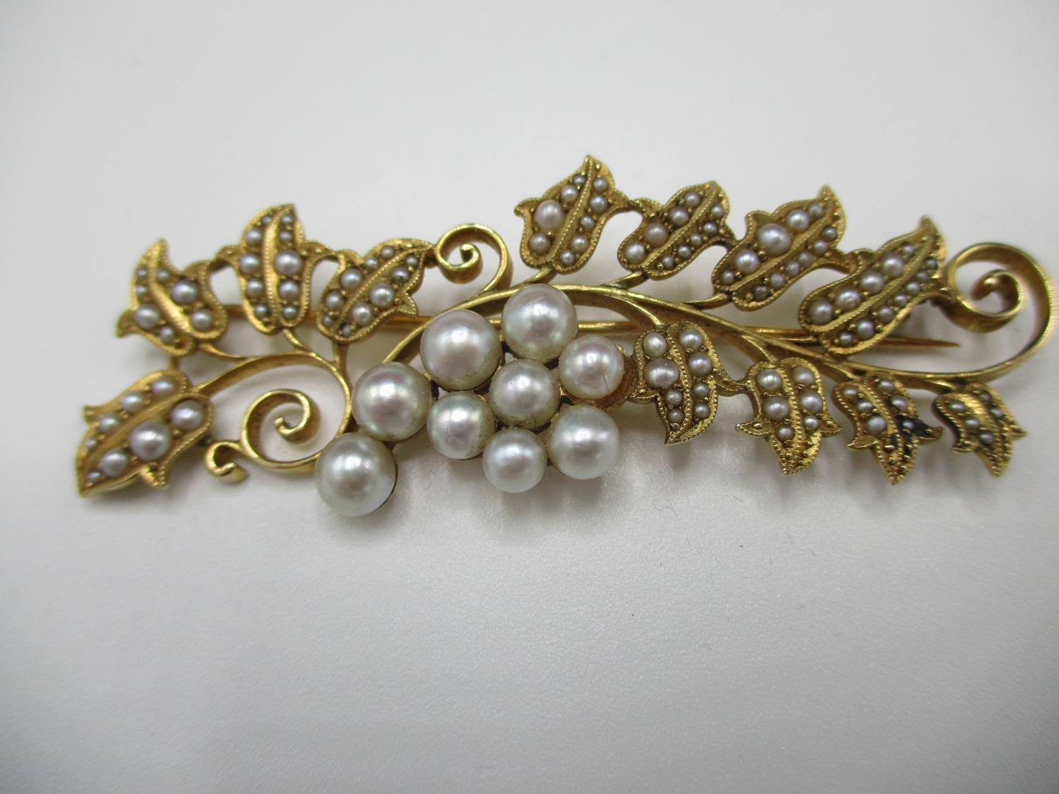 A gold coloured metal brooch fashioned as a fruiting vine with a scrolled stem, the fruit and leaves - Image 2 of 6