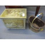 A Victorian brass bound oak hall bucket, together with a brass coal box