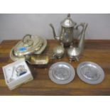Silver plate to include an entree dish, a teaset, a gravy boat, collectors tins and other items