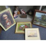 Reproduction oriental lion dogs, an oak framed mantle clock, a letter rack and mixed pictures to