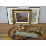 Collectables to include decorative copper and brass trays, a watercolour, a still life study on