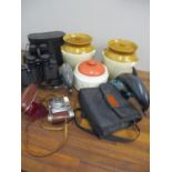 Two pairs of binoculars to include Halina, a vintage Kodak Retinette camera and mixed pottery to