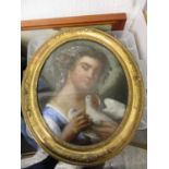 A Victorian oval crystoleum of a girl holding a dove, 17 1/2" x 14 1/2", in a gilt frame